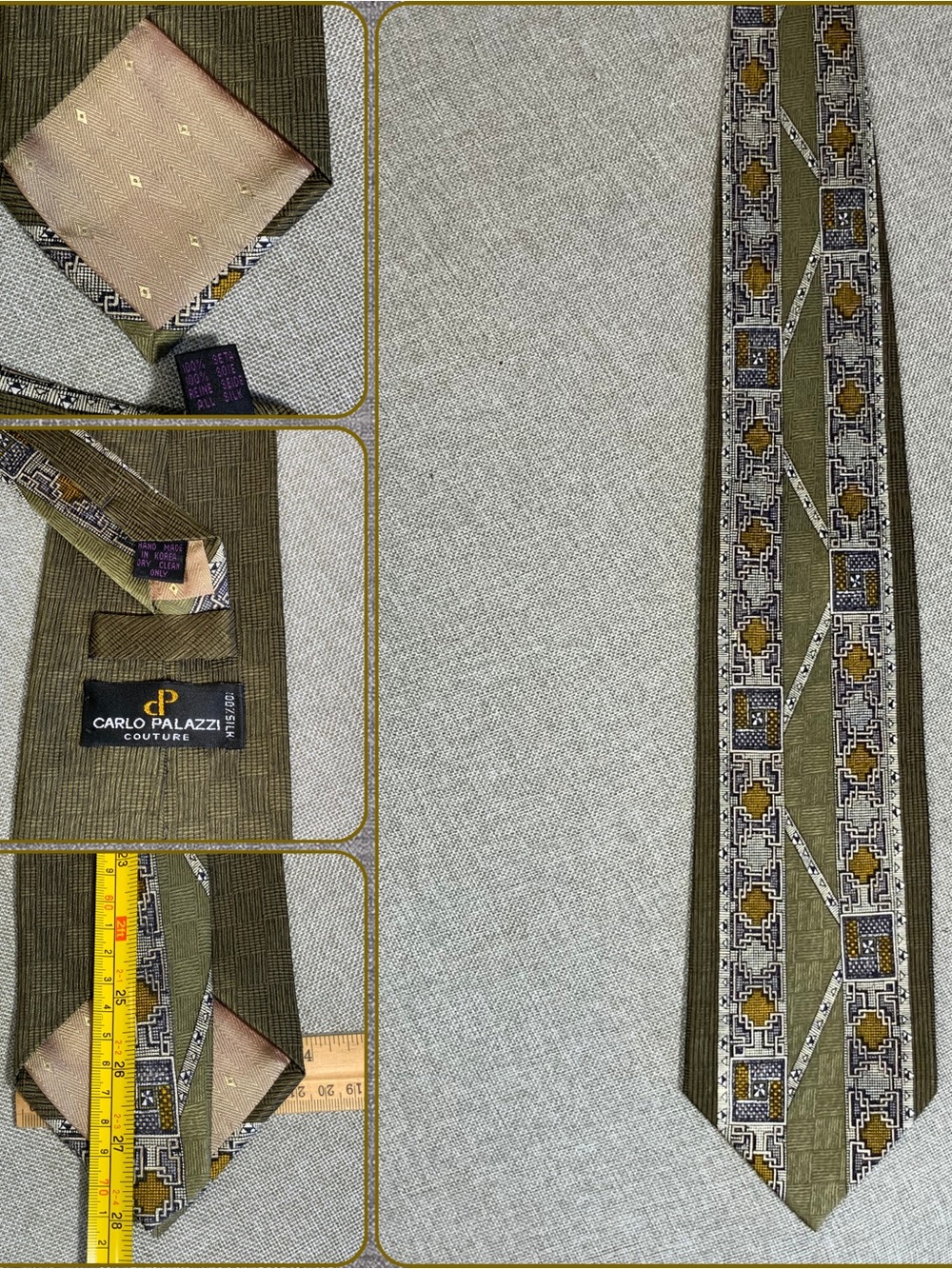 Vintage Olive Green Silk Tie Geometric Design Wide 57x4